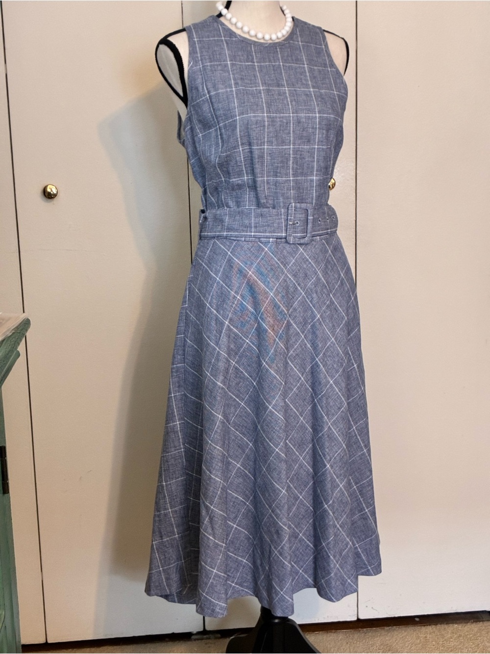 Brooks Brothers Linen and Cotton Gray and White Windowpane Sleeveless Midi Dress - Picture 2 of 15